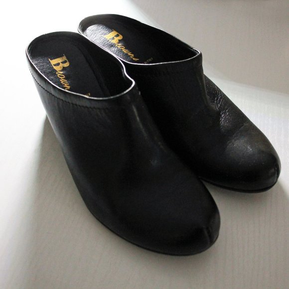 Black Leather Shoes Slip On Mule Wedge Heel Clog Browns Booties Italy Size 6.5 - Picture 1 of 7